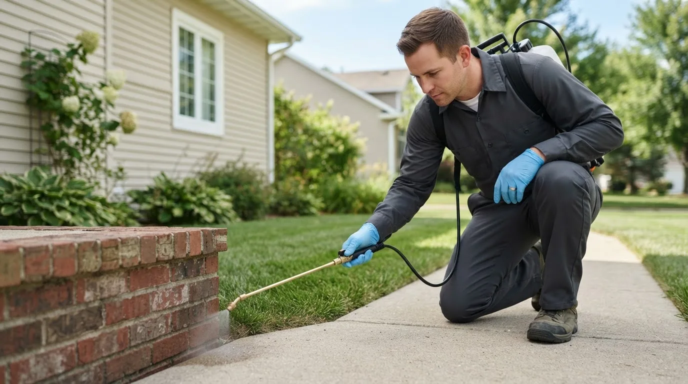 Pest control technician treating a home near Meridianville, AL