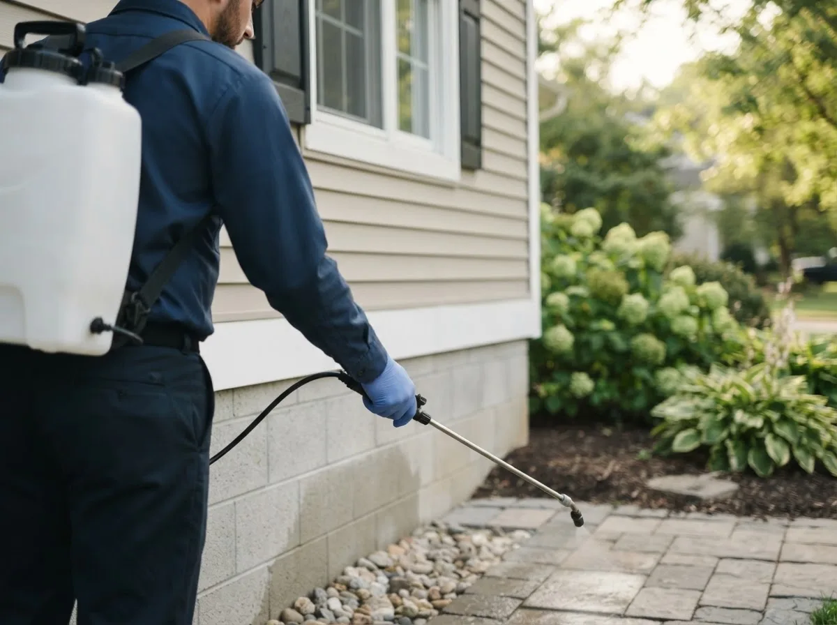 Pest control technician inspecting a home in Meridianville, AL